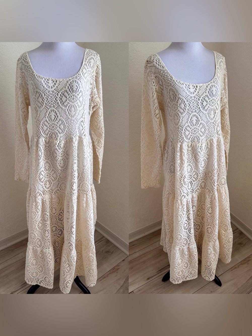 Vintage Ivory Boho Crochet Maxi Dress Long Sleeve Hippie Style Susan Miller